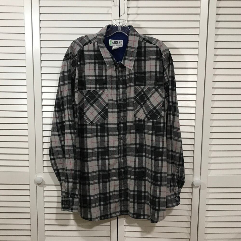 Haband Vintage 90s Y2K Gray Plaid Flannel Grunge Mens Shirt L